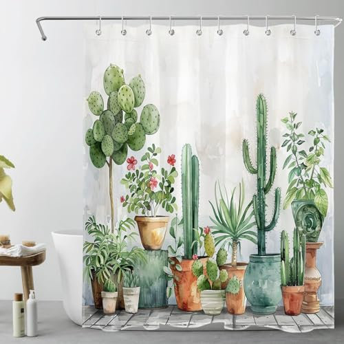 LB Green Shower Curtain Mould Proof Resistant- Garden Shower Curtains for Bathroom with 10PCS Hooks- Succulent Plants Polyester Waterproof Short Bath Curtain Set,71Lx59W inches