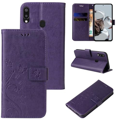 LBH Handy Hülle für Samsung Galaxy A20e Case Handytasche Schmetterling Blumen Flower Standfunktion Schutzhülle Magnet Rundum Schutz 360 Grad Flipcase Cover Violett