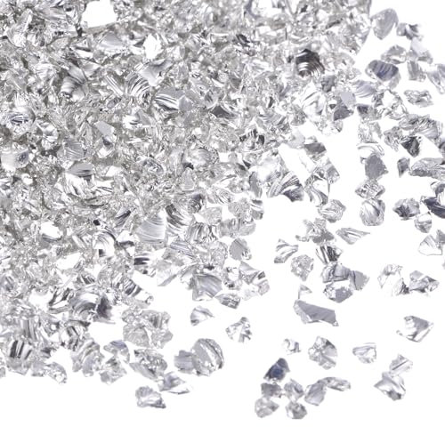 sourcing map 40g Crushed Glass Chips 2-4mm Shiny Electroplating Irregular Broken Sprinkles Chunky Glass for Crafts DIY Resin Art Decoration Vase Filler, Silver Tone