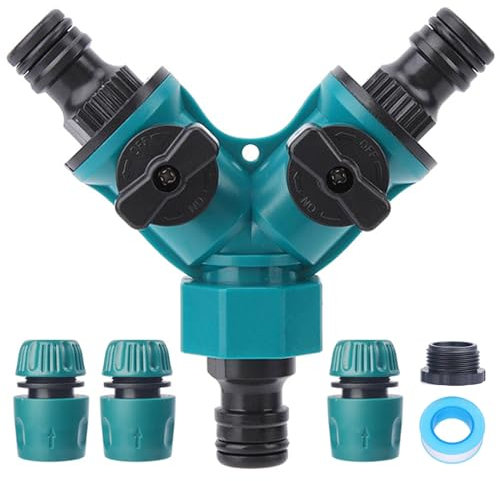 YUANBAO Garden Hose Splitter 2 Way, Y Water Tap Splitter with Individual ON-Off Valves, 3 Way Quick Connector, PTFE Tape, 3pcs 1/2-Inch Hose End Quick Connectors