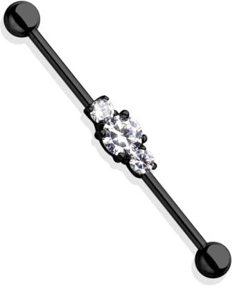beyoutifulthings Industrial-Piercing Schwarz 3 Zirkonia Clear Industrial-Barbell Industrial-Bar Chirurgenstahl Stab-länge 36-mm