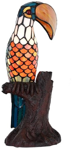 Bieye L30813 Lampada da tavolo decorativa in vetro colorato in stile Tiffany con tucano su tronco d'albero, luce notturna. Altezza 16,25 pollici