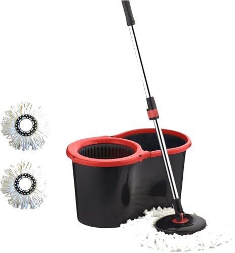 Efforias Smart Mop Cleaning Set – 1x Bucket + 2 Replacement Mop Heads Anti-Splashing Strong And Sturdy Material – Easy Floor Moping System – Microfiber Spin Mop and Bucket Set (Red & Black)