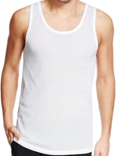 iTRONiK Men's Pack of 3 Classic 100% Cotton Eyelet Mesh Vest Singlets Sleeveless Comfort Men's Vest (M) White