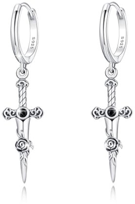 Schwert Ohrringe 925 Sterling Silber Schwert Creolen mit Rosenblüte hängend coole Dolch Baumeln Ohrringe längliche Punk Schmuck für Frauen Männer Herren