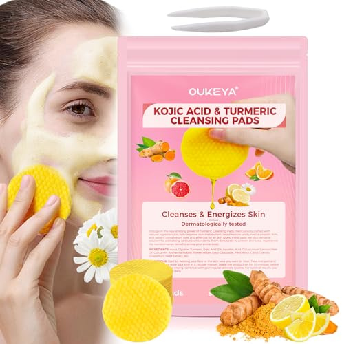 OUKEYA 40pcs Kojic Acid & Turmeric Exfoliating Cleansing Pads for Face, Gentle Exfoliator Cotton Pads for Dull & Oily Skin, Brightening Facial Wipes, Skin Care Pads