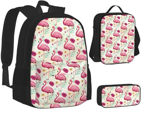 VYONNE Ensemble sac à dos 3 pièces imprimé flamant rose, sac à dos double poche, sac à déjeuner à bandoulière et trousse compacte, Noir , taille unique