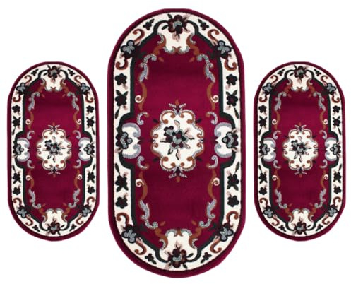 SaRani Tris Tappeto Scendiletto per Camera da letto 3 pezzi Ovale Classico Moderno Pelo Corto Motivo Floreale (Bordeaux)