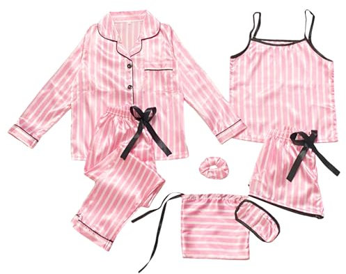 Jamron Chicas Niñas 7PCS Saten Conjunto de Pijama Tops & Pantalones Cortos Ropa de Dormir SN07655-2 Rosa Rayas 150CM