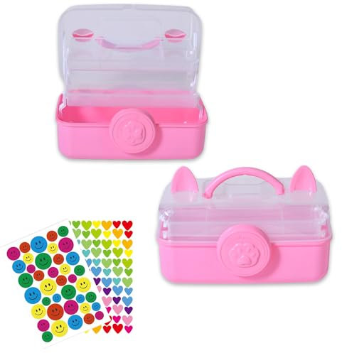 Tuilful Craft Storage Box with Handle includes 2 Stickers 3 Layer Multipurpose Storage Box With Compartments Organiser Box Cosmetics Craft Beauty Sewing and Medicine Storage (Pink Cat)