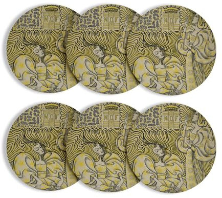 Untersetzer, rund, Korkbasis – Jugendstil, elegantes Jugendstil, mittelalterliches dekoratives Design, 6 Stück (95 x 95 mm)