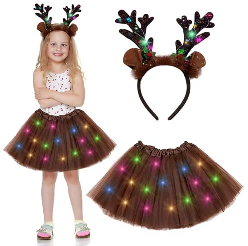 JIASHA Costume Renne de Noel,Deguisement Renne Enfant,Deguisement Noel Fille,Déguisement Cerf de Noel,Costume de Renne Lumineux,Jupe Lumineuse pour Enfants,Costume Renne pour Carnaval