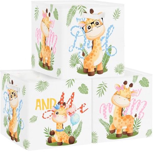 Clastyle 3 Stück Waldtier Aufbewahrungsbox Stoff für Kallax Faltbar Aufbewahrungskorb Klein Schrank Organizer Kleiderschrank für Regal,Giraffe,30x30x30 cm