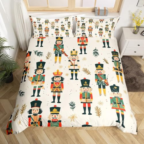 Loussiesd Frohe Weihnachten Bettwäsche Set 200x200cm Weihnachten Nussknacker Bettbezug Set Weihnachten Hirsch Elch Dekor Betten Set Urlaub Geschenk Bettwäsche-Set Cartoon Nussknacker Schlafzimmer