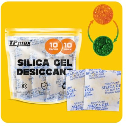 10 g x 10 Packungen Kieselgel-Trockenmittelbeutel, wiederverwendbare Luftentfeuchter mit Farbanzeige, ideal für Lagerung, Schränke und Keller