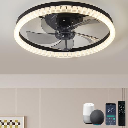 Fitsai Alexa Modern Ceiling Fan with Light, 3000K-6500K dimmable LED Ceiling Fan Light, Living Room Dining Room Bedroom Round 20in/50cm White