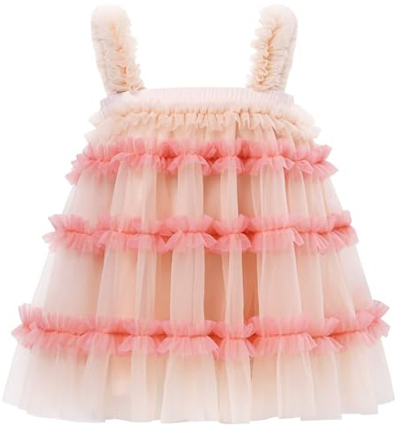 LACOFIA Robe Fille en Tulle Tutu Princesse Robes d'été à Volants Multicouches Décontractée Fête pour Enfant Rose Clair 3-4 Ans
