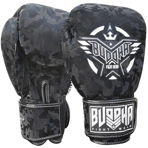 BUDDHA FIGHT WEAR Thailand Boxhandschuhe - Muay Thai - Kick Boxing - Kunstleder Innenstoff geruchsresistent - verschiedene Designs (Army Schwarz, 12 Oz)