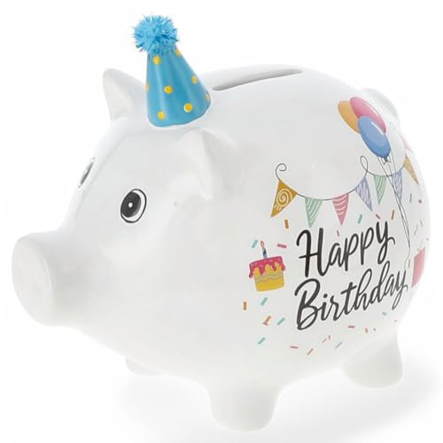 MIJOMA Spardose Happy Birthday – Sparschwein aus Dolomit mit Partyhut – Geburtstagsgeschenk für Kinder & Erwachsene – Deko-Geldgeschenk zur Geburtstagsfeier (L: 17 x 16 x 12,5 cm)