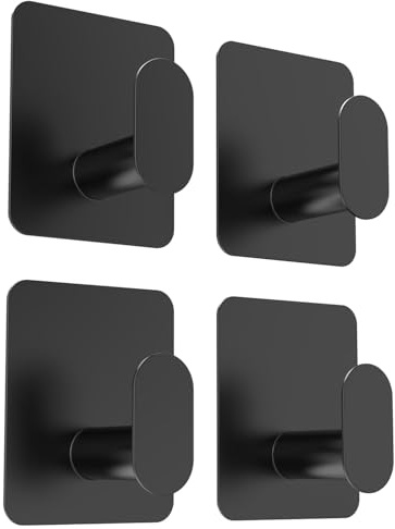 Lesfit Ganchos Adhesivos en Acero Inoxidable Negro, Colgador Toalla Impermeable Extra Resistente Sin Perforación, 4 Piezas Colgadores Adhesivos Resistentes Perchas para Baño, Pared, Cocina