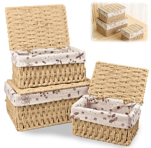 3 Stück Satz Aufbewahrungskorb mit Deckel, Handgewebt Aufbewahrung mit Futter, Beige Papierseil Boho-Decor Körbchen, Multifunktionale Bastkorb mit Deckel Stapelbar für Spielzeug Badezimmer Klopapier