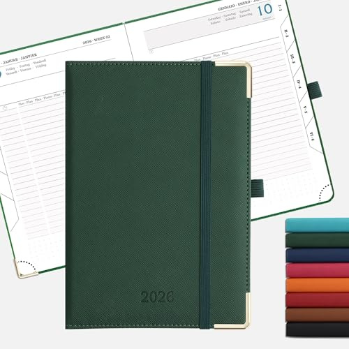 IN-LUXPRO Kalender 2026 Tagesplaner 21,5 x 15cm Tageskalender 1 Tag 1 Seite (Montag - Sonntag), Terminplaner(Jan.2026-Dez.2026) Buchkalender mit 80GSM Papier & Stiftschlaufe Vegan-Leder Grün