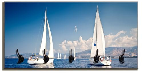 Wallario Wandgarderobe aus Holz in Größe 80 x 40 cm in Premium-Qualität, Motiv: Segelschiff auf dem Mittelmeer | 5 Kleiderhaken zum Aufhängen