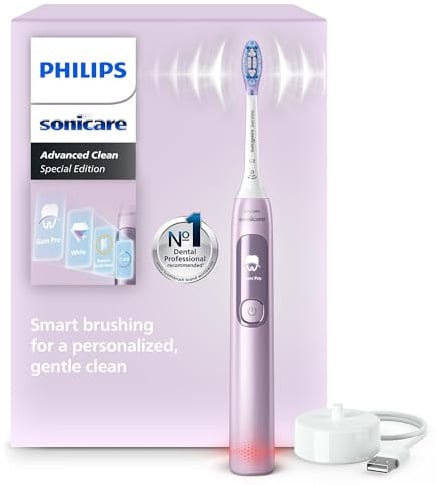 Brosse à dents électrique Philips Sonicare AdvancedClean série limitée – écran intelligent, capteur de pression, tête de brosse de rechange, 5 modes de brossage et SmarTimer, rose, modèle HX3792/12
