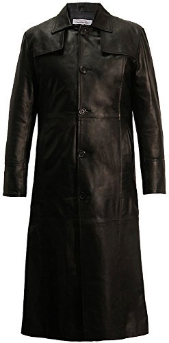 Mens Long Full Length Real Leather Trench Coat Single Breasted Long Jacket in Black - L / 42