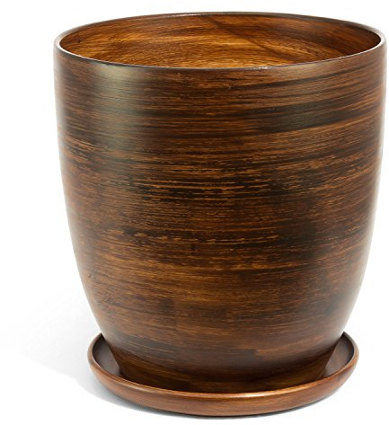 Ecoceramik Keramiktopf Übertopf Pflanzkübel inkl. Untersetzer handbemalt D 200 mm Holzdekor Wasserablaufloch