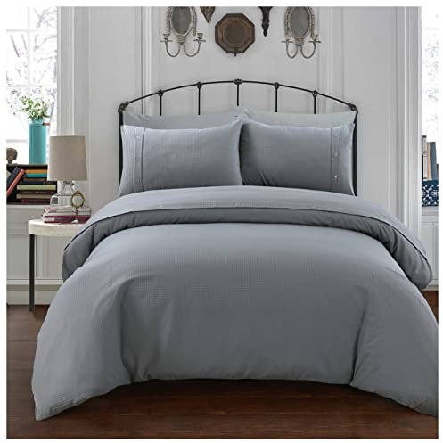 Sleepdown Schlichtes und klassisches Waffel-Design, Grauer Bettbezug und Kissenbezüge, Bettwäsche-Set mit Knopfverschluss (King)