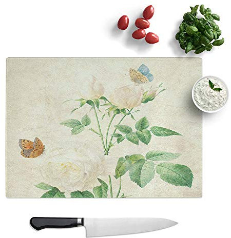 Glass Chopping Board - Butterflies and White Roses by Pierre-Joseph Redoute - Textured Worktop Saver Cutting Board - Heat Resistant, Shatterproof and Hygenic - 39 x 28.5 cm