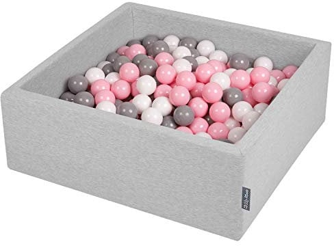 KiddyMoon Bällebad 90X30cm/200 Bälle ∅ 7Cm Bällepool Mit Bunten Bällen Für Babys Kinder Quadrat, Hellgrau:Weiß/Grau/Rosa