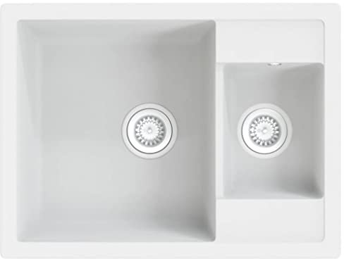 vidaXL Fregadero de Cocina Doble Seno con Rebosadero Granito Eliminar Restos Profundidad Extra Montaje por Encima Empotrado Debajo Decoración Blanco