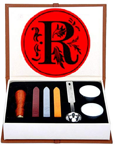 Buchstaben-Wachs-Siegel-Stempel-Set, ANBOSE Alphabet Wachs-Siegel-Stempel-Kit einschließlich 1Pcs Holzgriff Kupfer-Siegel, 3Pcs Wachs-Siegel-Sticks, 1Pcs Schmelzlöffel und 2Pcs weiße Kerzen(R)