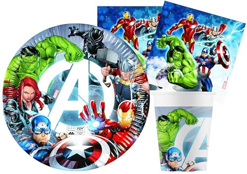 Ciao-Kit Table Fête Party Marvel Avengers Fight 24 personnes (88 pcs: assiettes, gobelets, serviettes) en papier compostable Vaisselle, Y6171, Multicolor