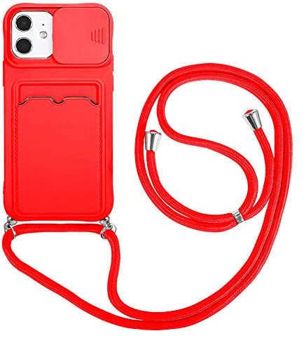 Crossbody Necklace Phone Cases Compatible with Apple iPhone 7 Plus/8 Plus Case Slide Camera Lens Protector Cover with Card Slort and Lanyard Cord Strap Soft Flexible TPU Bumper Shockproof Shell(Red)