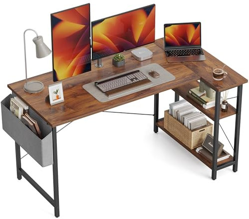 CubiCubi Computertisch mit Ablagefächern, 140cm Schreibtisch Kleiner L-förmiger Eckschreibtisch mit Regalen, Umkehrbarer Computertisch Schreibtisch mit Bücherregal, Braun
