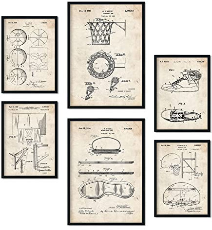 Nacnic Set von 6 Plakaten mit Basketball Patenten. Plakate mit Retro-Patentabbildungen. Inneneinrichtung im Vintage-Stil. Grösse A4 und A3. Ohne Rahmen.