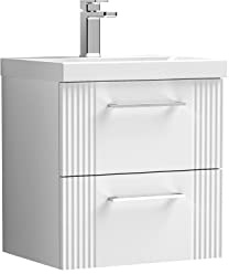 nuie DPF192D Deco Modern Bathroom Wall Hung 2 Drawer Part Fluted Vanity Basin Unit with Thin-Edge Ceramic Basin, 500mm, Satin White