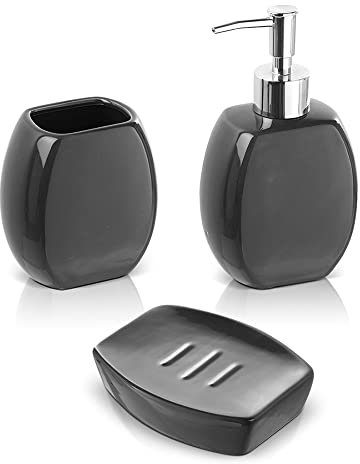 Inbagno Set Accessori Bagno Completo – 3 Pezzi in Ceramica, Kit Accessori da appoggio, Include Dispenser Sapone, portaspazzolini e portasaponetta (Grigio)