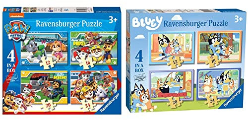 Ravensburger Paw Patrol 4 in Box (12, 16, 20, 24 Pieces) Jigsaw Puzzles for Kids Age 3 Years Up & Bluey - 4 in Box (12, 16, 20, 24 Pieces) Jigsaw Puzzles for Kids Age 3 Years Up