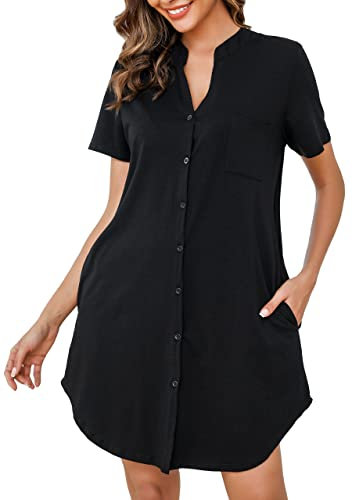 Vlazom Chemise de Nuit,Chemise de Nuit Femme Col V Manches Courtes Robe de Nuit Bouton Ouvert Devant Chic VêTements de Nuit Femme Grande Taille, M,B-Noir