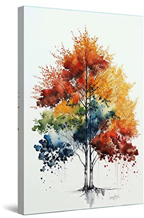 Startonight Impression sur Toile - Peinture Arbre Aquarelle Orange Rouge - Grande Tableau Decoration Murale Prêt à Accrocher Peinture Arbres Grande 80 x 120 cm Idée Cadeau Élégante et Originale