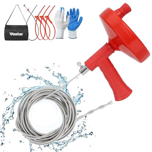 Vastar Drain Unblocker Set, 1*7.62M Drain Auger, 3*Drain Snake and 1*Drain Rod, Toilet Drain Unblocker Tools, Flexible Sink Plunger for Bathroom/Kitchen Sink/Shower Drain with Gloves and Storage Bag