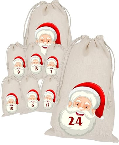Adventskalender zum Befüllen, 24 Stoffbeutel, Bedruckt 20x15 Groß, Nikolaus, weihnachtsmann, Weihnachten Geschenksäckchen, Säckchen, DIY Selber Befüllen, Weihnachtskalender