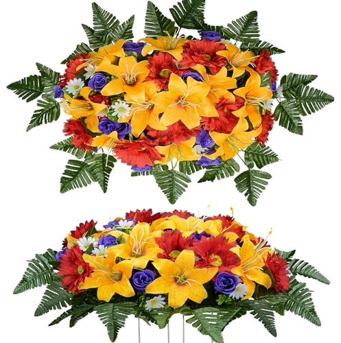 Künstliche Grabstein Blumen Sättel für Gräber, Friedhof Gedenk Blumen für Grab Grabstein Dekorationen, Lilie Rose gemischt Sattel Blumen (orangene Lilie, 1 Sattel)