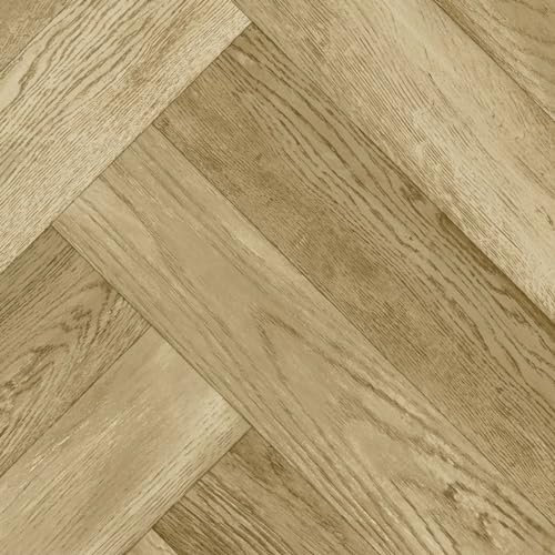 Light Brown Wood Effect Herringbone Pattern Anti-Slip Vinyl Flooring for LivingRoom, Kitchen, 2.7mm Thick Cushion Backed Vinyl Sheet, Waterproof Lino Flooring-1m(3'3) X 3m(9'9)-3m²