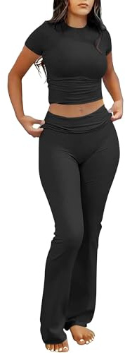 ANRABESS Lounge Sets for Women 2 Piece Foldover Yoga Flare Leggings Pants Crop Tops Casual Y2K Outfits Matching Tracksuit Set Black X-Small