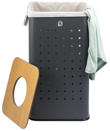 eluno eckige Wäschetonne, Wäschekorb, Wäschesammler mit waschbarem Wäschesack und abnehmbaren Deckel, 50 Liter Fassungsvermögen für Schlafzimmer, Badezimmer, Wäscheaufbewahrung aus Metall (Grau)